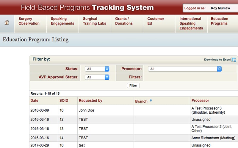 Field-Based Program Tracking System screen displaying example data of who requested the program and who processed the information
