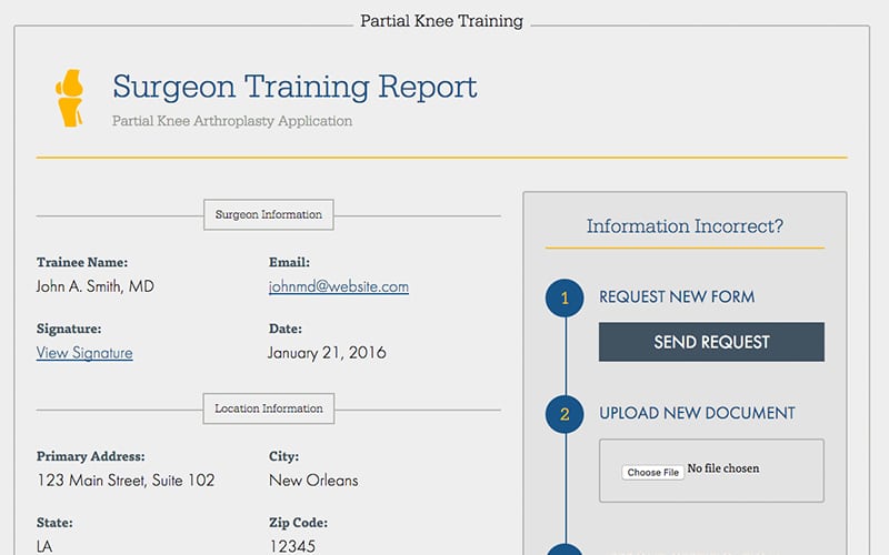 A Surgeon Training Report screen with an example surgeon