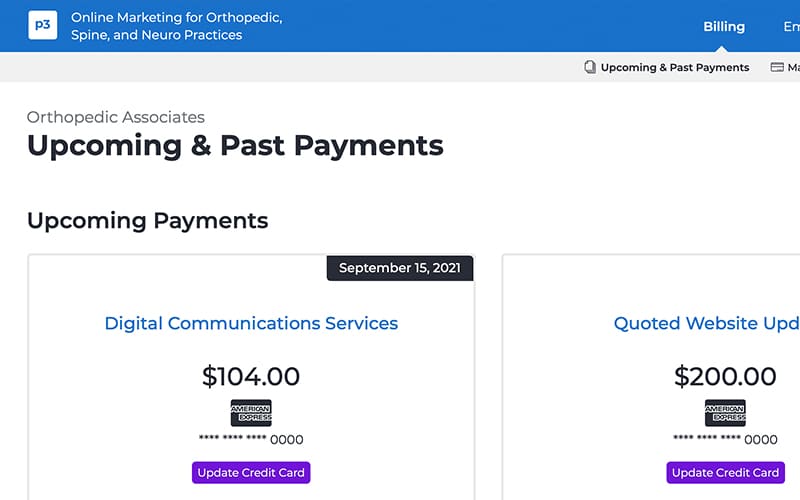 Account Management Dashboard screen showing upcoming payments due for a customer