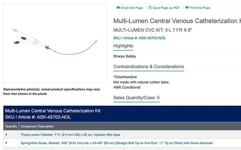 Online Product Catalog page showing a device used in hospitals