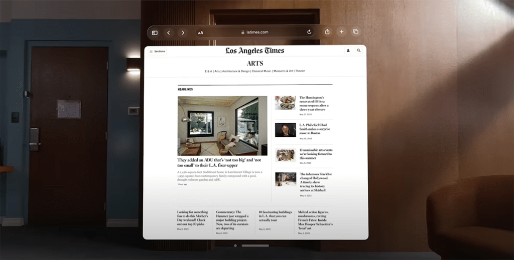 The Los Angeles Times' website on display in the Apple Vision promotional material