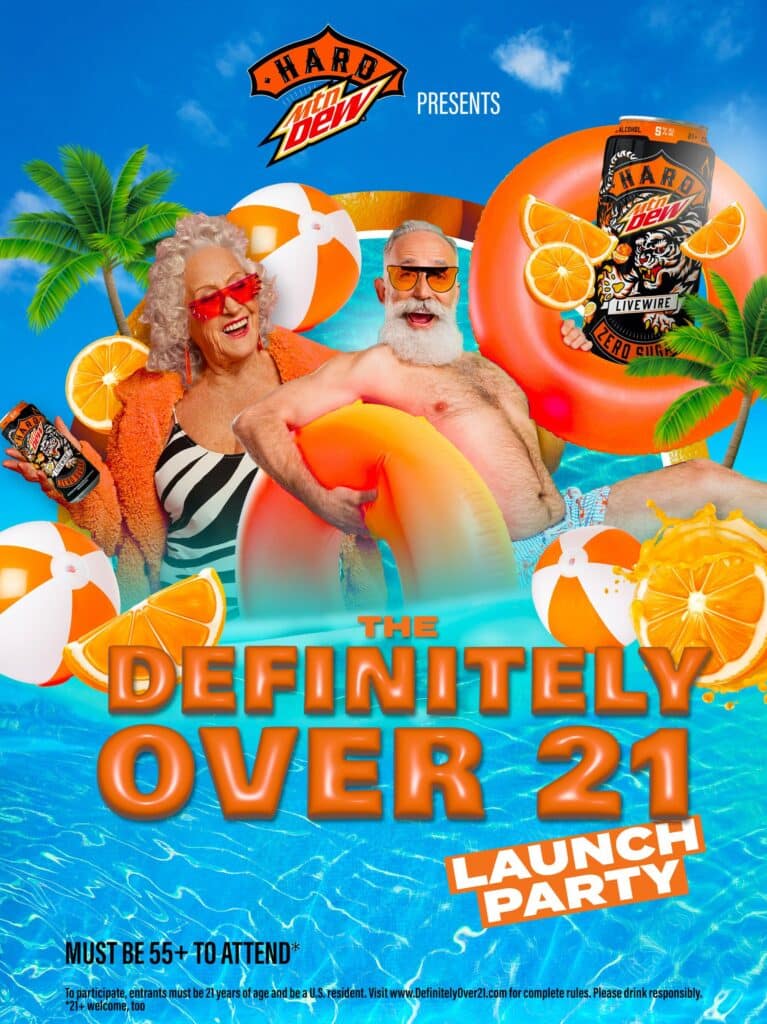 Two older adults in swimsuits and sunglasses celebrate on a pool party poster