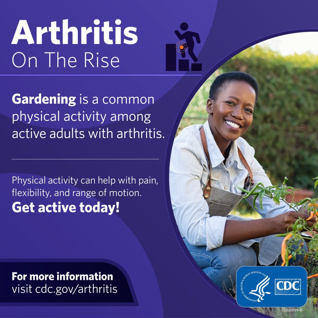 An example of a public awareness campaign. It reads: Arthritis On the Rise: Gardening is a common physical activity among active adults with arthritis. Physical activity can help with pain, flexibility, and range of motion. Get active today! For more information, visit cdc.gov/arthritis
