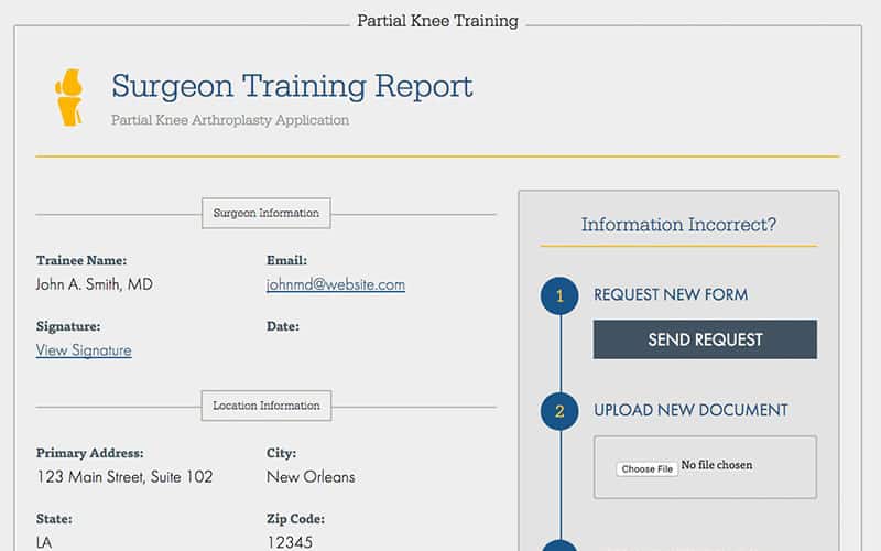 A Surgeon Training Report screen with an example surgeon